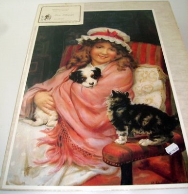 Plansch: Flickan med hund och katt Ca: 1880-1910