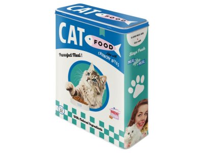 plåt plåtburk, katt. kattfoder, kattburk, nostalgi