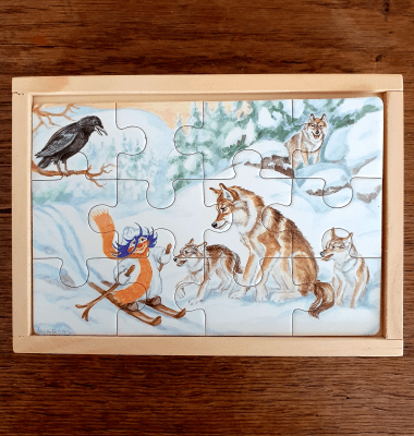 träpussel, plupp, trädlåda, björn, räv, ren