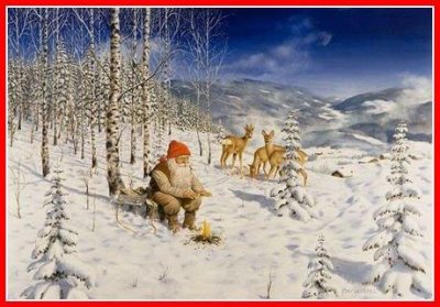 tomtar vid eld, rådjur , julbonad